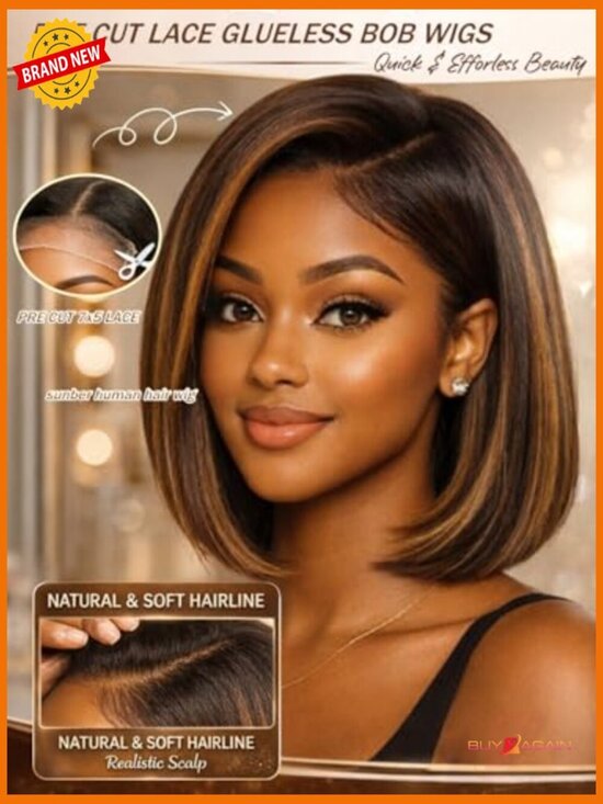 Yaki Straight Bob Glueless Lace Front Wig Human Hair Pre Cut 7x5 main image 6